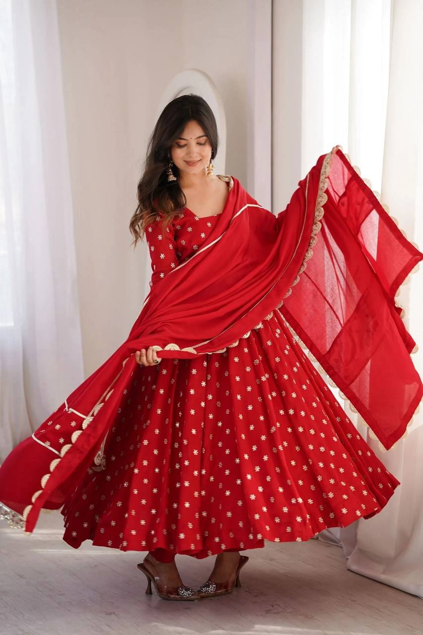 Radiant Crimson Red Flared Anarkali Suit Set Adorned with Delicate Silver Starburst Motifs and an Ornate Scalloped Dupatta
